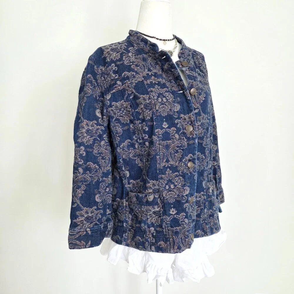 Y2K Floral Tapestry Denim Jacket Size 12 Blue‎ Boho Hippie Indie Western Vintage